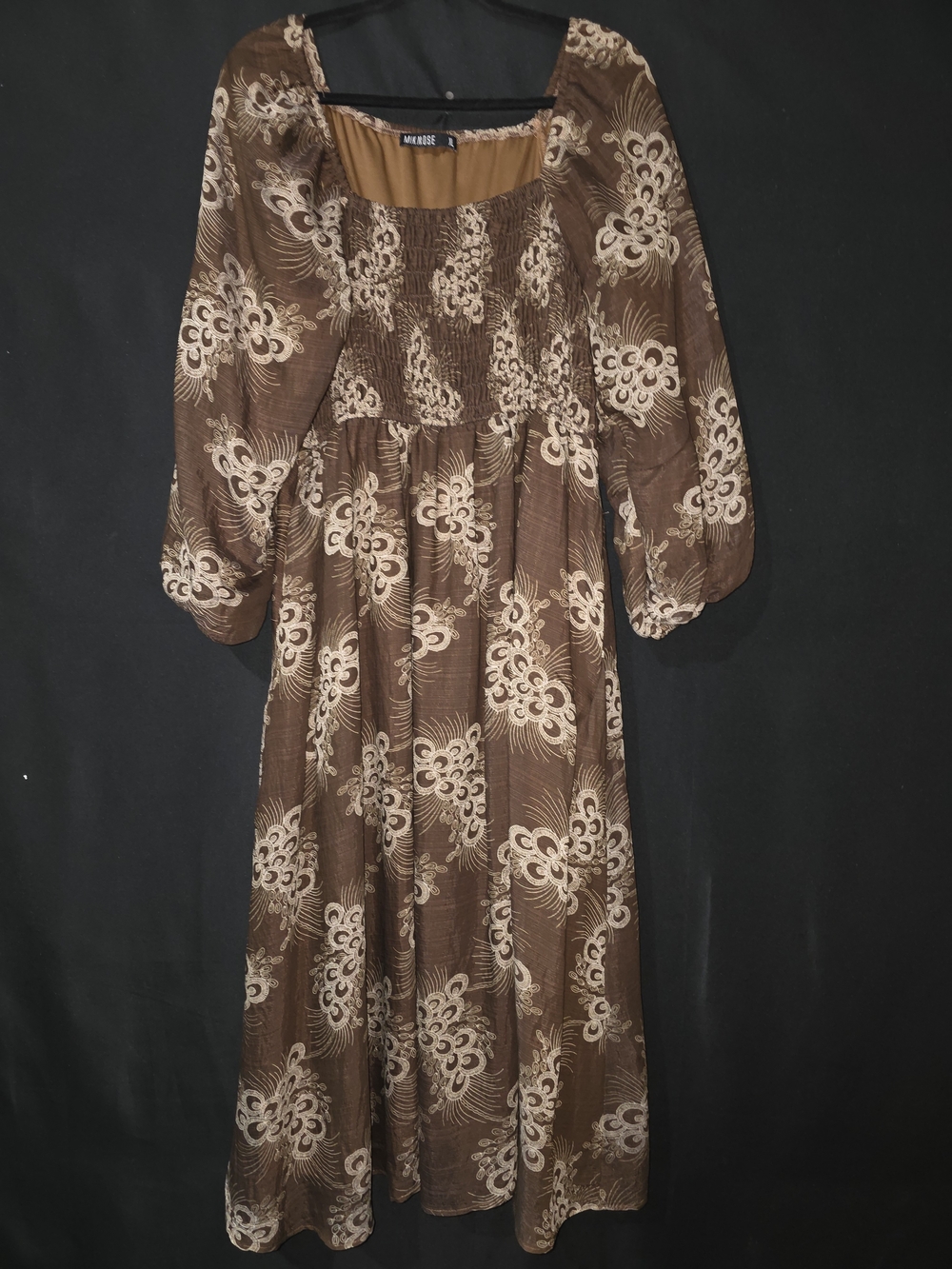 Mikarose Brown Floral Long Sleeve Smocked Midi Dress